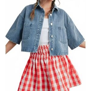 NEW BUTTERMELON shawn button front cropped denim shirt in mid wash